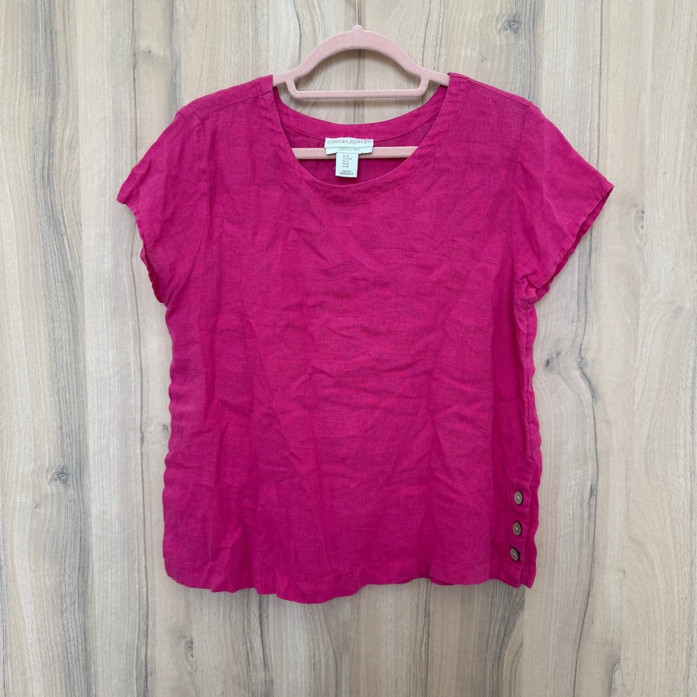 Cynthia Rowley Hot Pink Short Sleeve Linen Top with Side Button Detail